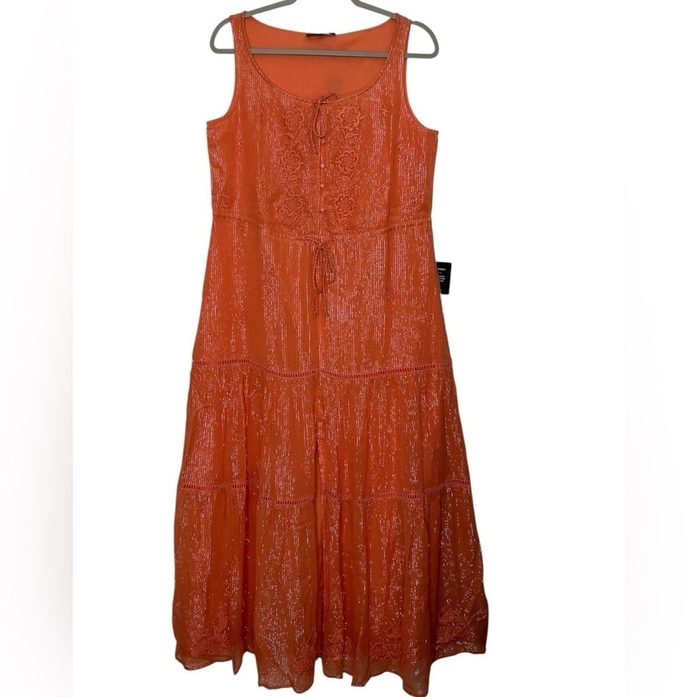 NWT Lulus Scoop Neck Tiered Maxi Dress Sleeveless Orange Metallic Sheen Medium